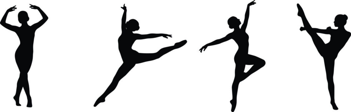 Four Female Ballet Dancer Silhouettes Performing Elegant Classical Dance Poses Vector Illustration