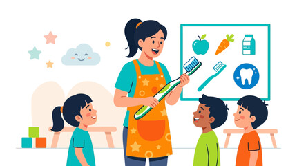Fototapeta premium Teacher demonstrating proper toothbrushing to diverse children in a classroom setting with dental hygiene visuals