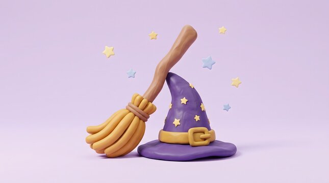 Purple wizard hat featuring golden star decorations paired with a wooden broomstick in high quality 3d clay style graphic art