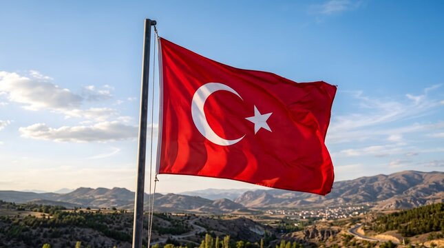 Turkish flag featuring a bright red background with a white crescent and star waving proudly on a metal flagpole outdoors