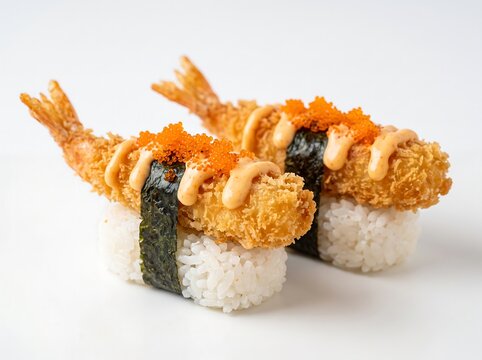 Japanese Ebi Tempura Nigiri Sushi Rolls Isolated On White Background