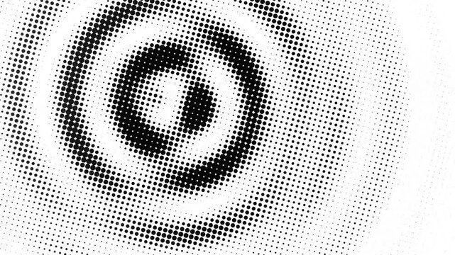 Black halftone dot circle pattern pulsing on white background, representing abstract design, retro print texture, and minimal motion graphic overlay.