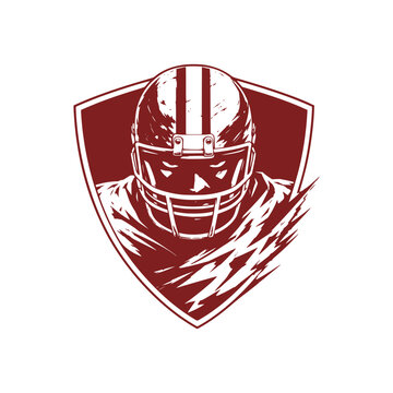 American Football Player in Helmet, Shield Emblem with Lightning, Maroon Sports Logo