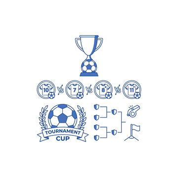 Soccer Tournament Cup Set, Blue Line Art Championship Elements