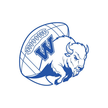 Charging Bison with Football and Letter W, Blue Sports Mascot Logo