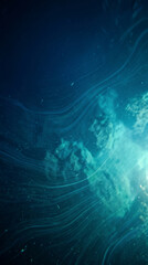 Naklejka premium Deep blue and turquoise abstract pattern with flowing lines and particles, symbolizing cosmic dust or underwater currents, creating a mysterious and ethereal feel