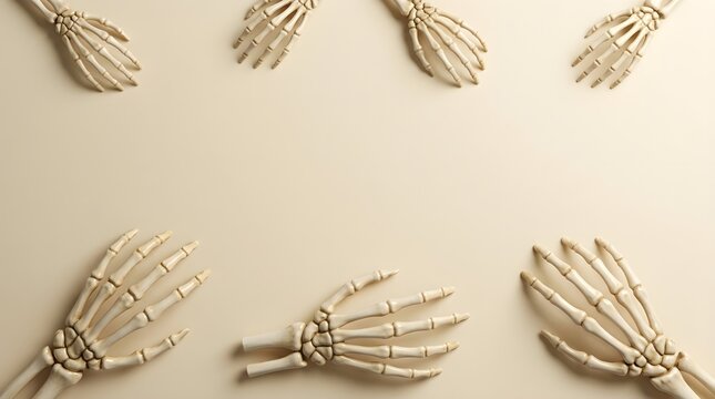 Skeleton Hands Frame on Beige Background &ndash; Anatomy or Halloween Concept