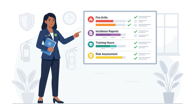 Businesswoman presenting safety checklist on screen: fire drills, incidence reports, training, risk assessment