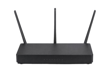 Fototapeta premium Sleek black wireless internet router with three antennas stands prominently against a clean white background, showcasing modern technology