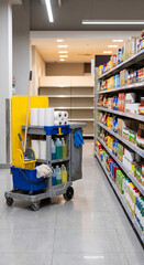 Naklejka premium Compact cleaning cart with yellow caution sign, blue bucket, mop, paper rolls, chemicals, gloves, and cloths beside supermarket, prepared for professional retail facility maintenance