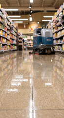 Naklejka premium Low-angle view of a blue commercial floor scrubber working down a supermarket aisle on a wet polished surface, prepared for professional supermarket cleaning and maintenance