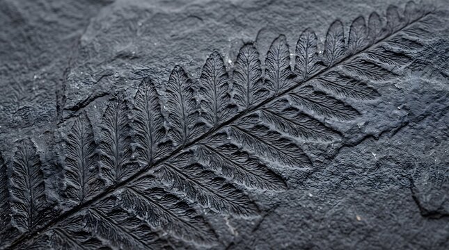Ancient fern fossil imprint on dark grey slate background, detailed leaf texture in stone, paleontology relic, natural organic pattern, prehistoric plant specimen, nature concept