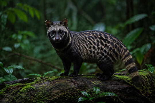 Wild African civet on mossy log in dim rainforest, spotted coat and dark face mask, wildlife and nature concept