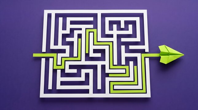 Paper plane flying out of complex maze showing clear path ways.