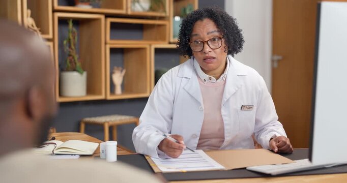 Woman, doctor and patient with documents in clinic for medical consultation, advice or insurance. Female person, consultant or healthcare worker with paperwork or application for quote in hospital