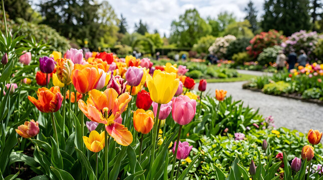 A vibrant public garden filled with colorful blooming tulips in red yellow pink and orange.