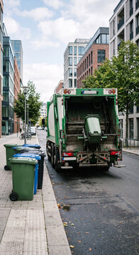 Green rear-loading garbage truck beside blue and green bins on a modern city street with the collection vehicle and organized curbside containers in urban waste service.
