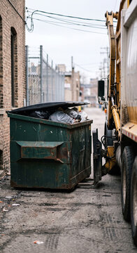 Large green dumpster positioned beside a side-loading hydraulic arm in an industrial alley with the container lifting system and service access area in commercial refuse collection.