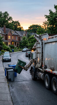 White side-loading garbage truck lifting a green bin on a residential street at dusk with the extended hydraulic arm and raised container in automated curbside collection.
