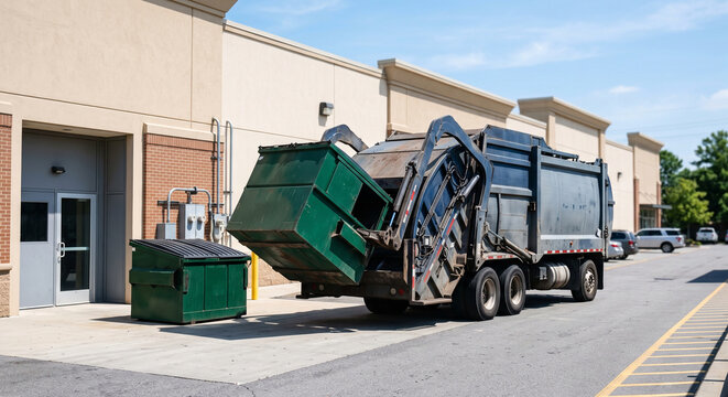 Garbage truck lifting a large green commercial dumpster outside an industrial building with the elevated container and powerful hydraulic loading system in business waste removal.