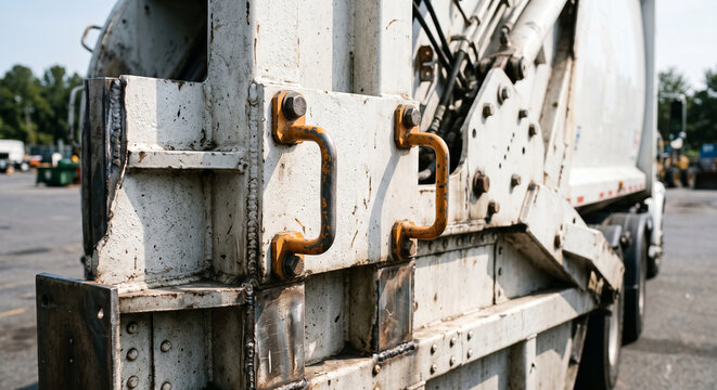 Close view of a white garbage truck rear side panel with yellow handles and worn hardware with the safety grips, dirty metal surface, and service fittings in vehicle detail inspection.