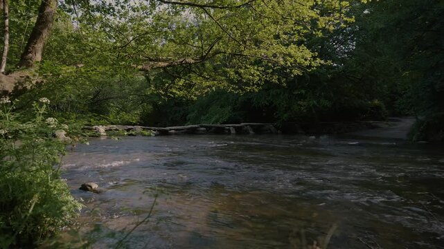 arr Steps in Exmoor National Park, capturing the ancient stone slabs crossing the River Barle. The gentle current flows beneath the bridge, reflecting surrounding greenery and soft daylight.