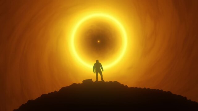 Silhouetted Male Figure Stood Looking Up at Abstract Black Hole with Glowing Orange Energy Flowing. Concepts of discovery, astronomy, space exploration, human smallness, spirituality.