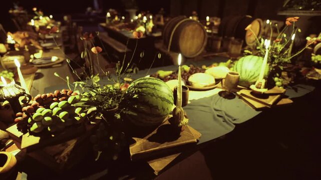 Cozy farmhouse supper tableau with fruit platter, candlelit setting, terracotta bottle and jar, orchard produce casually arranged on wooden table conveying
