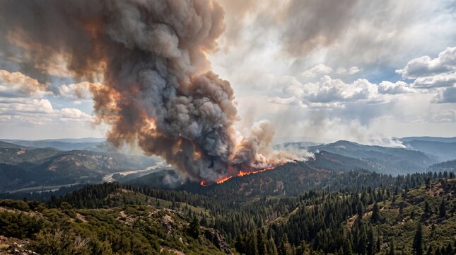 Wildfire Rages Through Forested Mountains, Smoke Plume Dominates Sky
