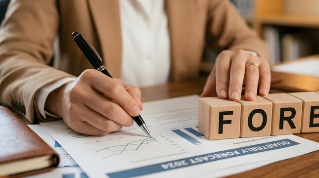Businesswoman analyzing quarterly forecast report with wooden blocks spelling FORE