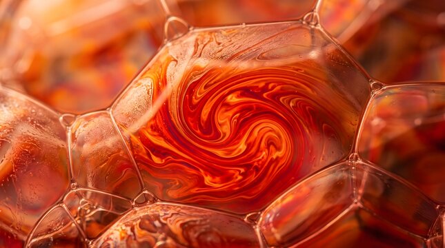 Abstract orange and red layered honeycomb cells background. Swirling fluid texture patterns resembling amber resin or biological cell structure. Artistic honey cellular macro close-up with warm
