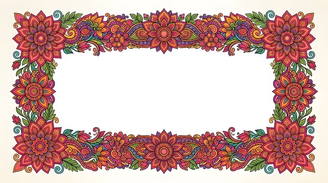 Rectangular Decorative Floral Frame With Intricate Bohemian Mandala Patterns and Vibrant Ornate Botanical Foliage Elements