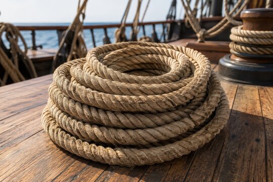 Thick rope coiled on the wooden deck of an old sailing ship