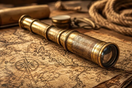 Antique brass spyglass resting on an old map, evoking a sense of adventure and exploration