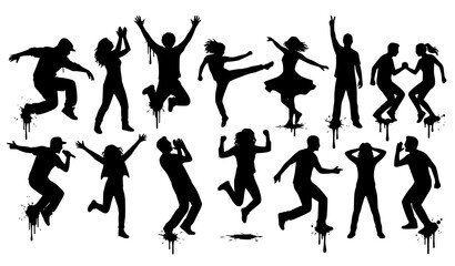 Obraz premium Urban Celebration Crowd Silhouettes with Paint Drips Dancing Youth Group and Energetic Party Poses