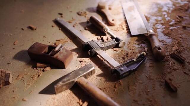 Woodworking tools including hand plane saw clamp and hammer arranged on a workbench covered with wood shavings during traditional carpentry work