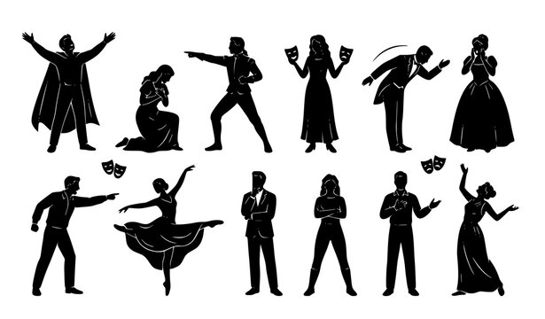 Theater Actor Silhouettes Set with Dramatic Performing Poses Comedy Tragedy Masks and Stage Gestures