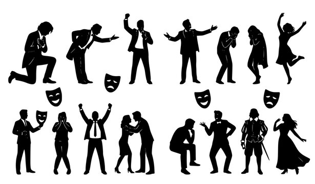 Performing Arts Actor Silhouettes with Comedy Tragedy Masks and Expressive Theater Gestures
