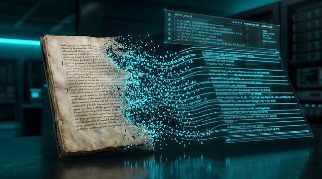 Ancient paper book pages dissolving into glowing blue digital data streams in a dark futuristic room with high tech aesthetics