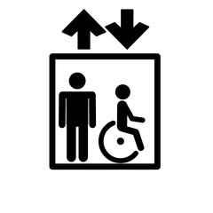 Elevator icon in black outline showing a person inside a square elevator with upward and downward arrows, representing vertical transportation and building access. © AYLA