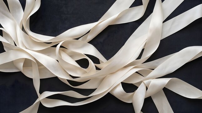 White cream ribbons tangled dark background flat lay
