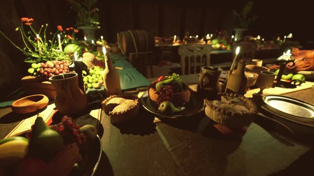 Candlelit dinner table filled with platters, warm amber glow, assorted cheeses, crusty bread, wine bottle, crystal glasses, host arranging floral centerpiece