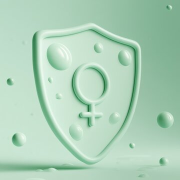 A soft clay 3d render of a shield with a female symbol. It emphasizes womens health protection in a mint colored setting.