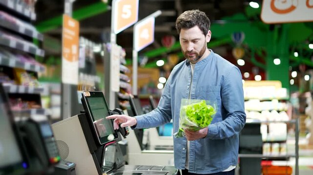Man using digital self-service checkout in modern supermarket. Male customer scans vegetables produce items on touchscreen terminal, paying with automated retail technology and contactless system