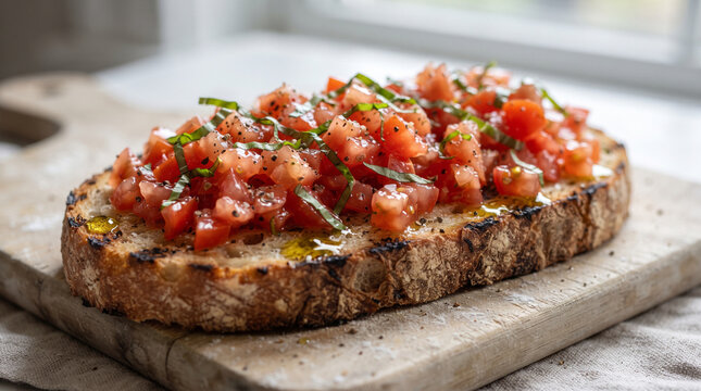A hyper-realistic macro photograph focusing on a thick slice of grilled sourdough piled high with glistening diced red tomatoes, chiffonade basil, and shimmering drops of extra-virgin olive oil.