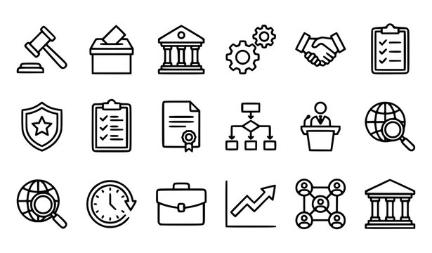 Collection of law government and business administration line icons featuring gavel ballot box and courthouse symbols gavel icon gears icon clipboard list shield star line set courthouse