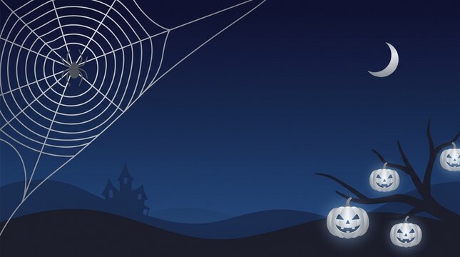 Halloween background with glowing jack-o-lanterns and spider web under a crescent moon
