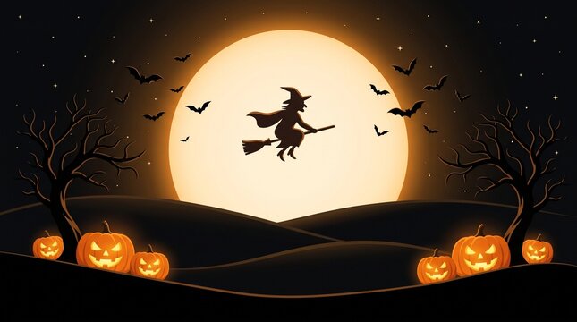 Witch flying on broomstick against giant full moon with pumpkins and bats at night