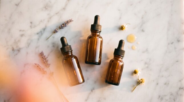 Three amber glass dropper bottles for essential oils arranged on a white marble surface with lavender sprigs and chamomile flowers and soft sunlight for a natural wellness and beauty spa bac