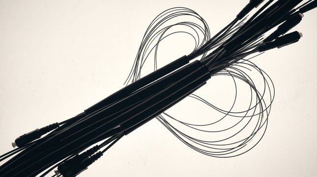 Abstract high contrast silhouette of fiber optic cables with connectors isolated on a clean white background creative studio lighting technology concept for internet network connectivity dat